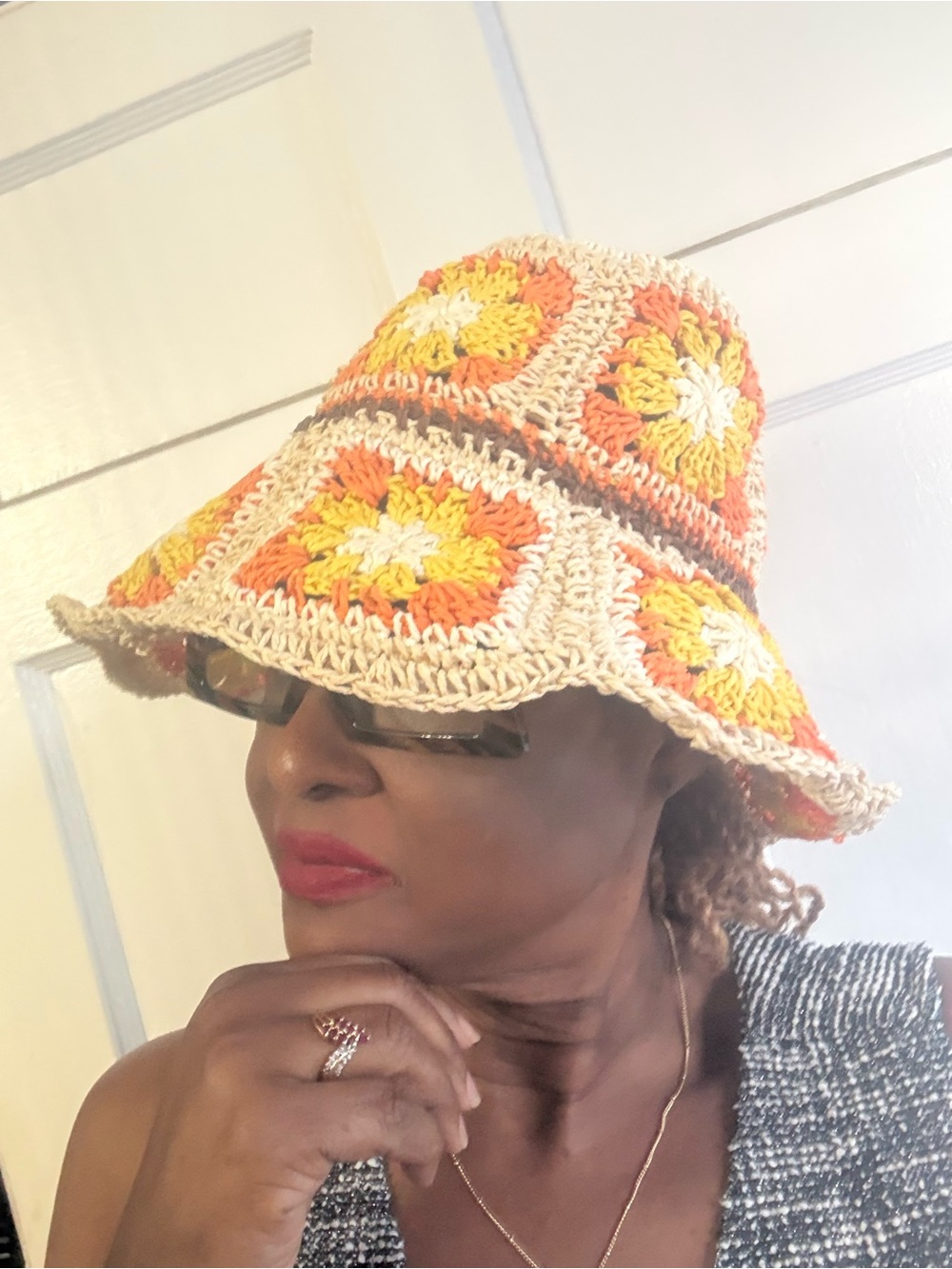 Steve Madden Crochet Bucket Hat in Orange, Yellow and Cream
